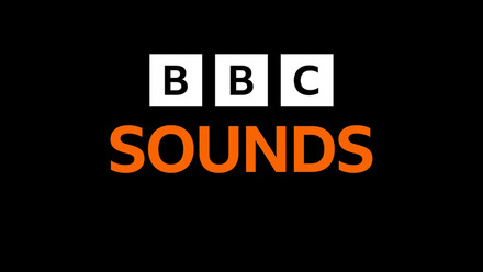 BBC Sounds logo in orange and white on a black background.