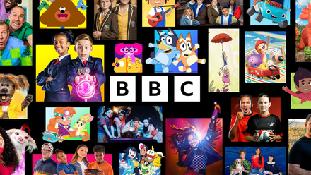 BBC logo in white over a black background with lots of images from BBC Children's programmes.