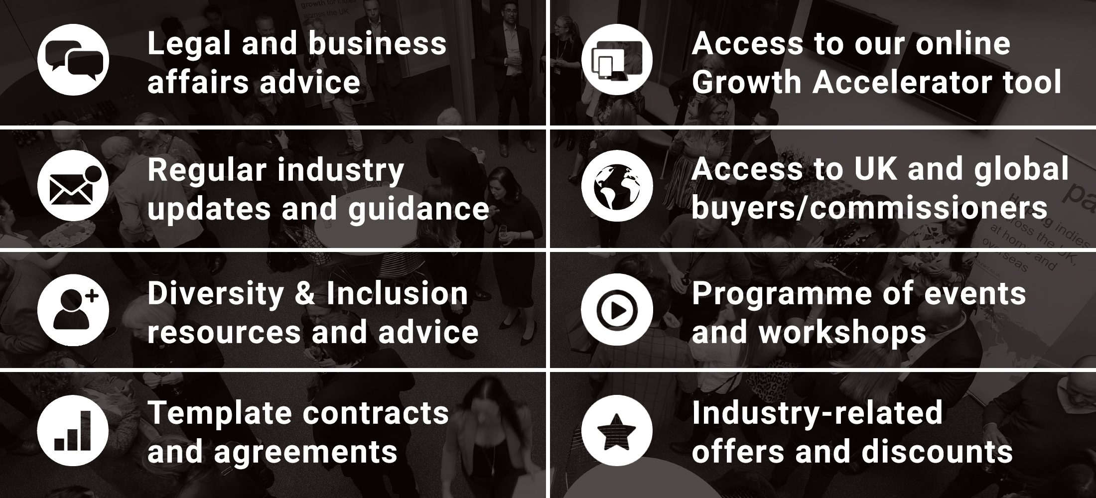 Legal and Business Affairs advice, access to our online Growth Accelerator tool, regular industry updates and guidance, Access to UK and global buyers and commissioners, and more