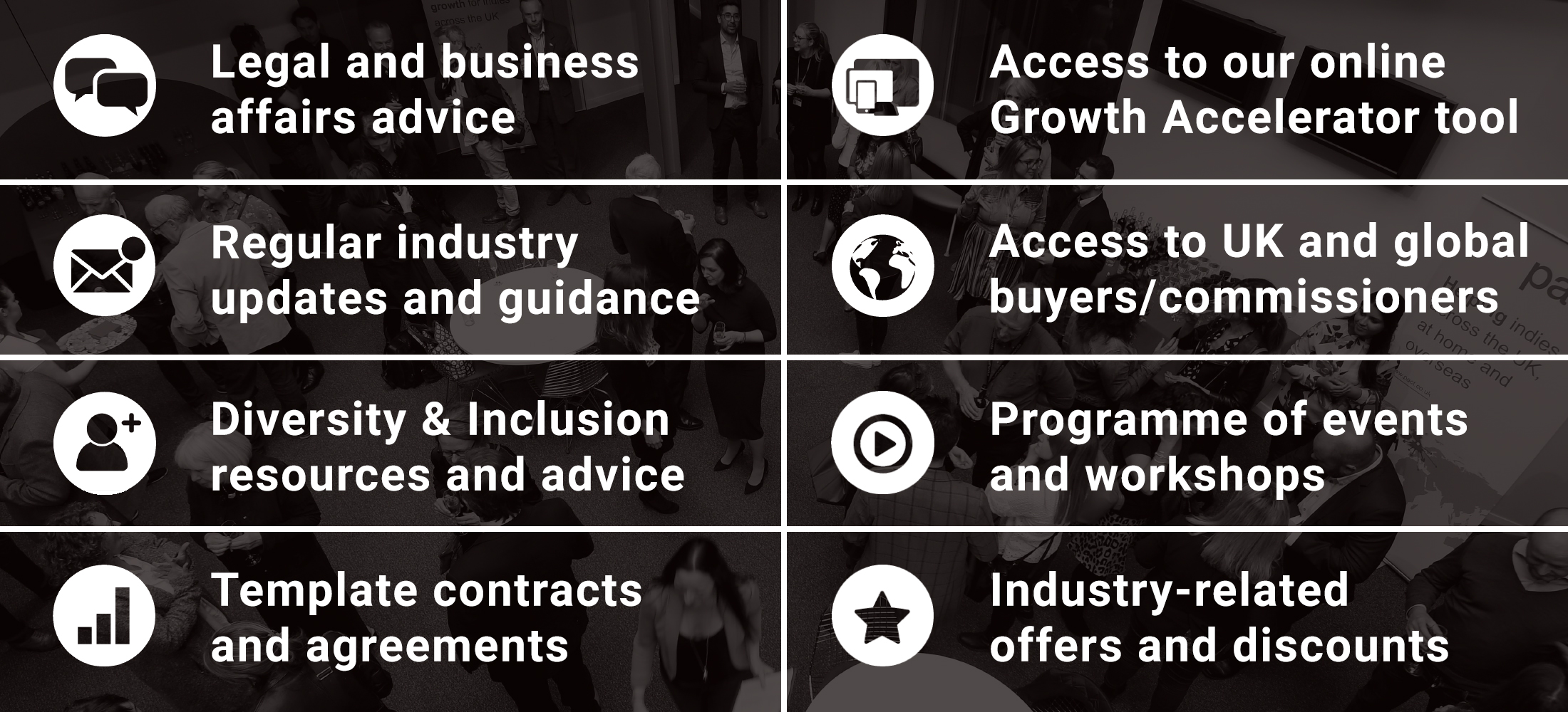 Legal and Business Affairs advice, access to our online Growth Accelerator tool, regular industry updates and guidance, Access to UK and global buyers and commissioners,  and more