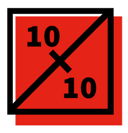 Logo: 10x10 – A red box with a black border rim slightly offset, with a cross running through the middle and 10 in the top left of the box, and another 10 in the bottom right of the box.