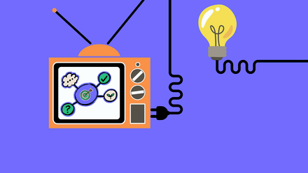 Cartoon image of an orange TV with various icons on the screen including a bullseye and tick, next to a cartoon lightbulb, both with squiggly wires.