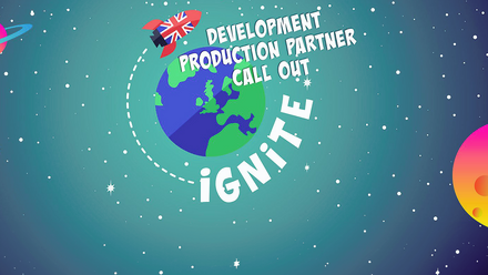 Cartoon image of the earth from space with a rocket with a Union Jack on it circling. The words 'Ignite: Development Production Partner Call Out'.