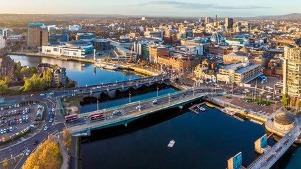 Aerial view of Belfast city featuring the River Lagan.