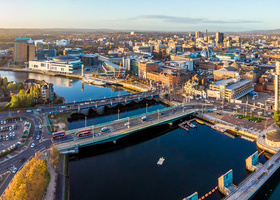 Aerial view of Belfast city featuring the River Lagan.