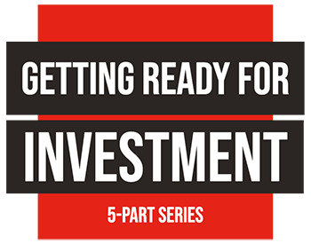 Investment Series logo: Getting ready for investment – words in white on two blocks of black colour, on top of a red square.