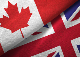 Image of the Canadian flag and Union Jack overlapping.