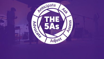 Purple gradient background of a production crew with the TAP 5As logo including the words: Anticipate, Ask, Assess, Adjust, Advocate and Anticipate.