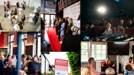 Montage of photos from Seriencamp 2024 showing people networking, having photos taken and attending events.