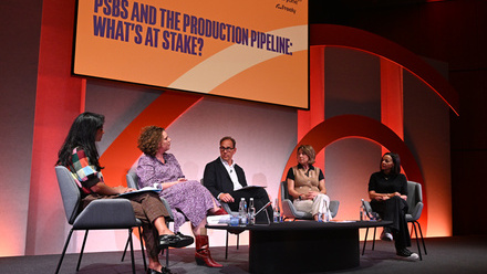 Panel discussion on PSBs and the production pipeline at the Edinburgh TV Festival, with five people on stage.