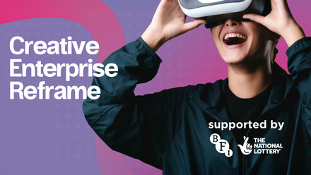 A person wearing a virtual reality headset on top of a purple and pink spotted background with Creative Enterprise Reframe logo.