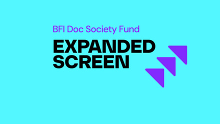 BFI Doc Society Expanded Screen Fund logo in black on a bright blue background with a purple arrow motif.