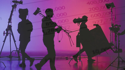 Image of people on set moving filming and lighting equipment around, silhouetted against a purple-pink light, with an overlay of accounting figures.