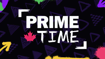 Prime Time logo in white on a black background with colourful graffiti-esq illustrations surrounding.