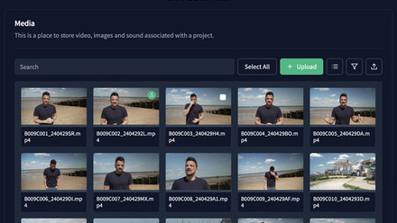 Screen grab of MotionHub online platform showing a number of thumbnails of video footage on a dark blue background.