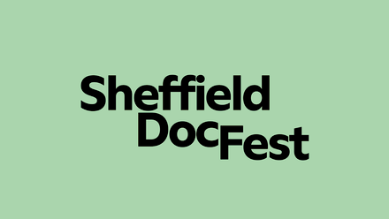 Sheffield DocFest logo in black on a green background.