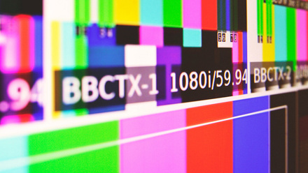 BBC colour bars screen with 'BBC TX-1' and '1080i' text in white.