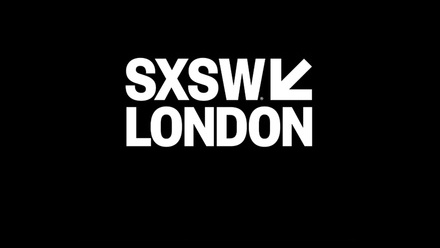 SXSW London logo in white on a black background.