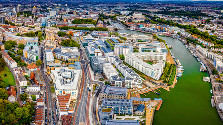 Panoramic aerial view of the city of Bristol with the River Avon running through the centre