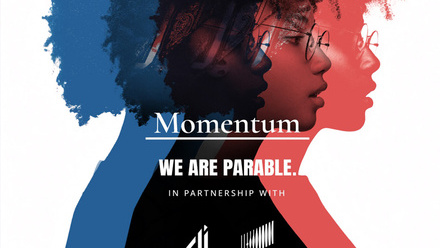 Graphic of a person wearing glasses in black, red and blue with overlay text reading 'Momentum, We Are Parable.'
