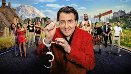 Promotional image of Channel 4's Handcuffed: Last Pair Standing, with Jonathan Ross holding a pair of handcuffs in a rural location with contestants.