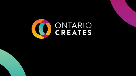 The Ontario Creates logo on a black background with a green semi-circle in the bottom left and purple in the top right corner.