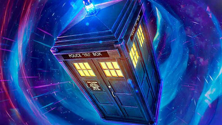 Doctor Who police box Tardis graphic with blue and purple space background.