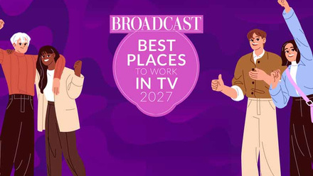  Broadcast Best Place to Work 2027 graphic with a purple background. 