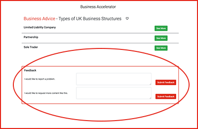 Image showing the Feedback Form at the bottom of a page on the Pact Growth Accelerator.