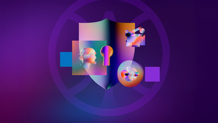 Purple gradient background with circle motif and colourful geometric icons.