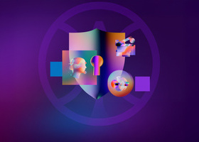 Purple gradient background with circle motif and colourful geometric icons.