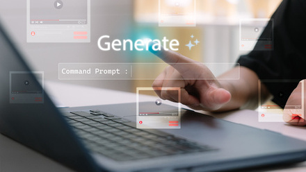 A person points toward a laptop screen displaying a digital overlay with the word “Generate” and a floating text box labeled  'Command Prompt'