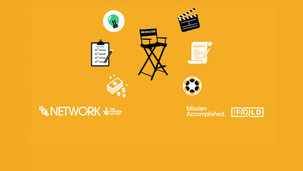 Mission Accomplished Producer Lab branding with film icons on an orange background.