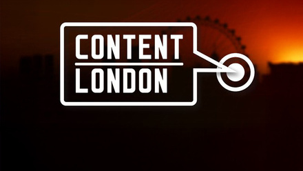 Content London logo in the style of a London street sign in a speech bubble with a red and black gradient background of London skyline.