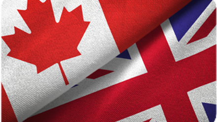 Image of the Canadian flag and Union Jack overlapping.