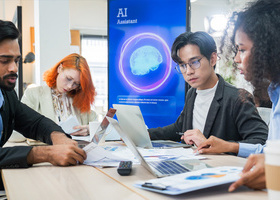 Diverse creative team sat around a desk with laptops with an AI Assistant display in the background.