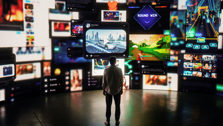A man in shirt and trousers standing in a dark room in front of a large wall of overlapping screens with various different scenes playing on them.