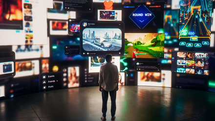 A man in shirt and trousers standing in a dark room in front of a large wall of overlapping screens with various different scenes playing on them.