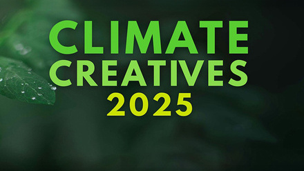 Text reads: 'Climate Creatives 2025' in a green font with a green leaf in the background. 