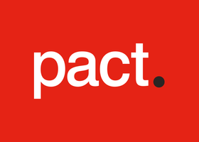 Pact logo in white with black full stop on a solid Pact red background