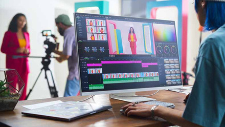 Editor working on video editing software while a videographer records an actor in a studio.