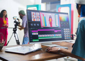 Editor working on video editing software while a videographer records an actor in a studio.