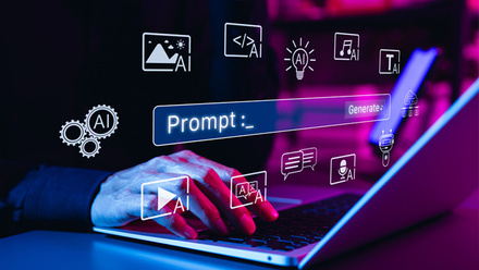 Person using laptop with prompt, generate and multimodal AI icons.