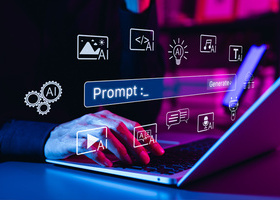 Person using laptop with prompt, generate and multimodal AI icons.
