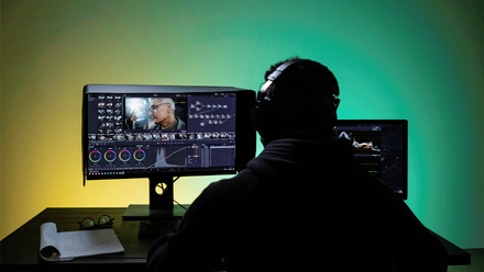 A person with headphones sitting at a desk in front of a computer editing a video. 