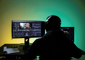 A person with headphones sitting at a desk in front of a computer editing a video. 