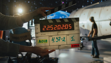 A crew member holds a digital clapperboard in front of a sci-fi set with production lights and a crew member in the background.