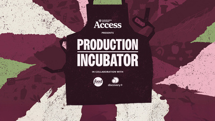 Warner Bros Access Production Incubator logo in white on a black apron graphic with a purple, pink and green stripe, textured background.