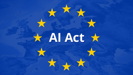 The EU flag in deep blue with gold stars in a circle around the words 'AI Act' in white, overlaid on a map of the EU.