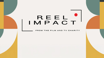 Film & TV Charity Reel Impact programme logo with a yellow, blue and orange retro border pattern.